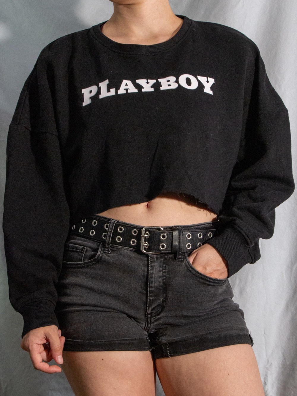PLAYBOY Black Cropped Crewneck Sweatshirt with White Logo